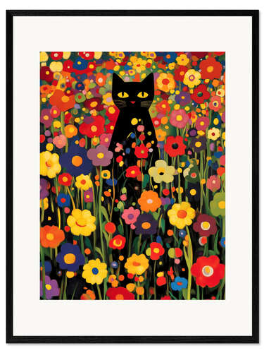 Framed art print Flower garden with black cat