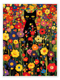 Póster Flower garden with black cat