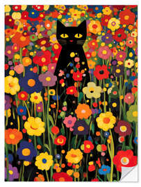 Muursticker Flower garden with black cat