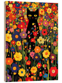 Print på træ Flower garden with black cat