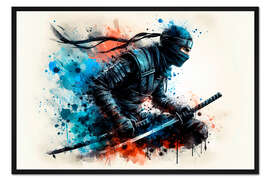 Gerahmter Kunstdruck Ninja-Krieger in Aquarell I