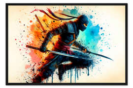 Gerahmter Kunstdruck Ninja-Krieger in Aquarell II