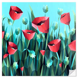 Naklejka na ścianę Red Poppies on Green