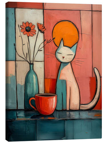 Stampa su tela Cat and coffee