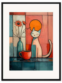 Gerahmter Kunstdruck Katze und Kaffee