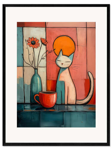 Impression artistique encadrée Cat and coffee