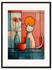 Framed art print Cat and coffee - DejaReve