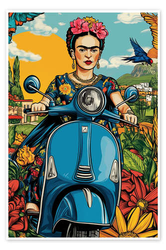 Poster Frida rides a Vespa