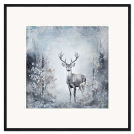 Gerahmter Kunstdruck Hirsch im Winterwald