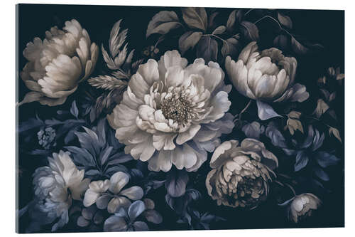 Tableau en verre acrylique Baroque flowers, ivory blue