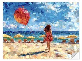 Muursticker Girl with a balloon on the beach
