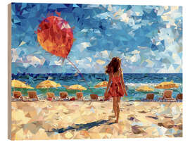 Wood print Girl with a balloon on the beach
