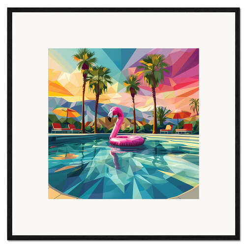 Gerahmter Kunstdruck Rosa Flamingo im Pool