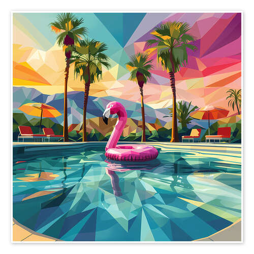 Poster Pink flamingo in the swimming pool