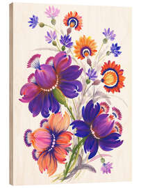 Obraz na drewnie Vibrant Floral Fantasy: Purple and Orange Blooms - Tetiana Savchenko