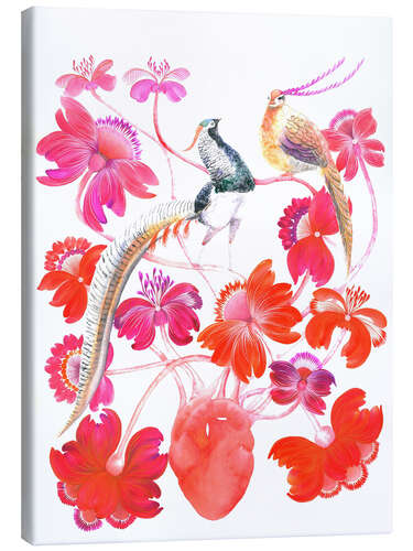 Lienzo Tropical Birds and Flowers in a Pink Garden