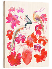 Holzbild Tropische Vögel und Blumen in einem rosa Garten - Tetiana Savchenko