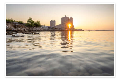 Poster Sunrise at sea, castle ruins in Vir, Dalmatia, Croatia