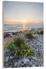 Holzbild Kieselstrand und Sonnenuntergang in Kroatien - Jan Wehnert