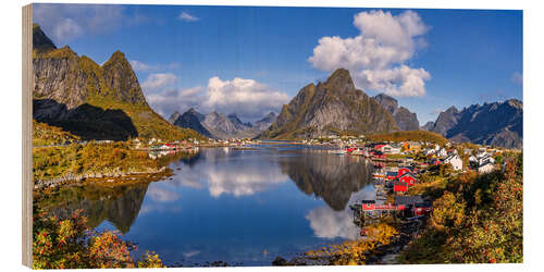 Holzbild Herbst im Fischerdorf Reine, Lofoten, Norwegen
