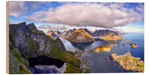 Holzbild Berg Reinebringen und Reinefjord, Lofoten, Norwegen