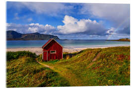 Acrylic print Fisherman's hut on Ramberg beach, Lofoten, Norway