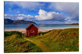 Alubild Fischerhütte am Strand Ramberg, Lofoten, Norwegen
