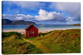 Canvas print Fisherman's hut on Ramberg beach, Lofoten, Norway