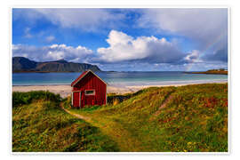 Poster Fischerhütte am Strand Ramberg, Lofoten, Norwegen