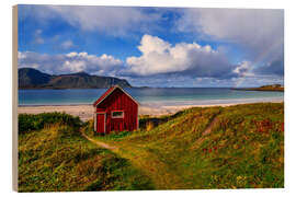 Trätavla Fisherman's hut on Ramberg beach, Lofoten, Norway