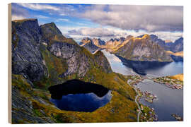 Holzbild Berg Reinebringen und Reinefjord, Lofoten, Norwegen