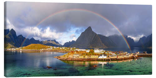 Canvas-taulu Rainbow over Sakrisoy Island, Lofoten, Norway