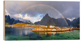 Stampa su legno Rainbow over Sakrisoy Island, Lofoten, Norway