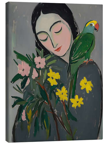 Canvas-taulu Woman, Bird and Flowers