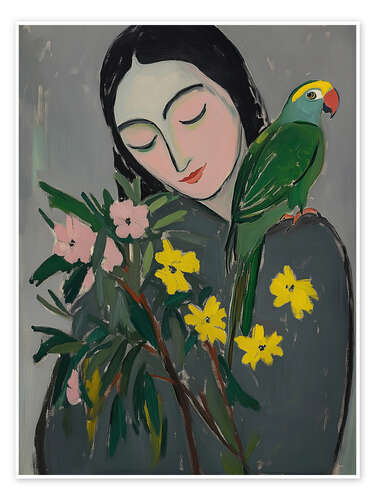 Póster Woman, Bird and Flowers