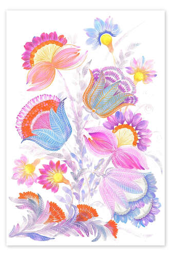 Poster Dreamy Pastel Blossoms in Petrykivka Style