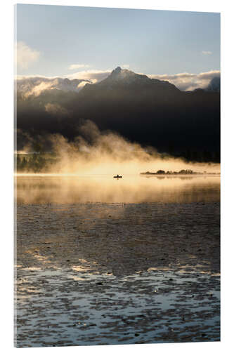 Acrylic print Fishing Boat in Morning Mist with Mountain Panorama