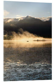 Acrylic print Fishing Boat in Morning Mist with Mountain Panorama - Michael Helmer