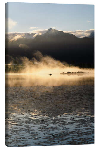 Canvas print Fishing Boat in Morning Mist with Mountain Panorama