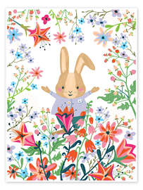 Reprodução Happy Bunny and Flowers - Verbrugge Watercolor