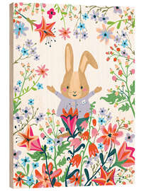 Tableau en bois Happy Bunny and Flowers
