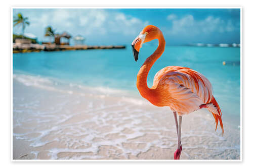 Poster Rosa Flamingo am Strand in Aruba