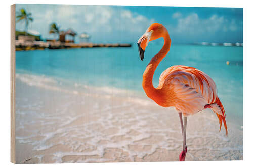 Wood print Rosa Flamingo am Strand in Aruba