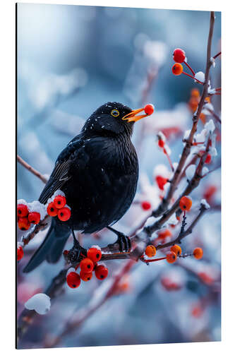 Tableau en aluminium Blackbird in winter with red berries