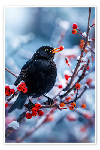 Poster Amsel im Winter mit roten Beeren