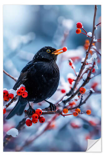 Självhäftande poster Blackbird in winter with red berries