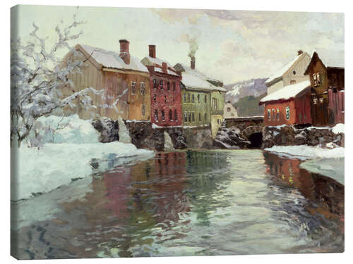 Leinwandbild Schneebedeckte Gebäude an einem Fluss