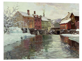 Hartschaumbild Schneebedeckte Gebäude an einem Fluss