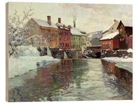 Tableau en bois Snow-covered buildings by a river - Frits Thaulow