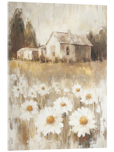 Acrylic print Cottage house with white daisies in the yard